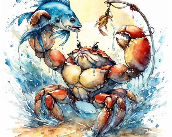 Whimsical Watercolor of Muscular Crab Fishing in Water