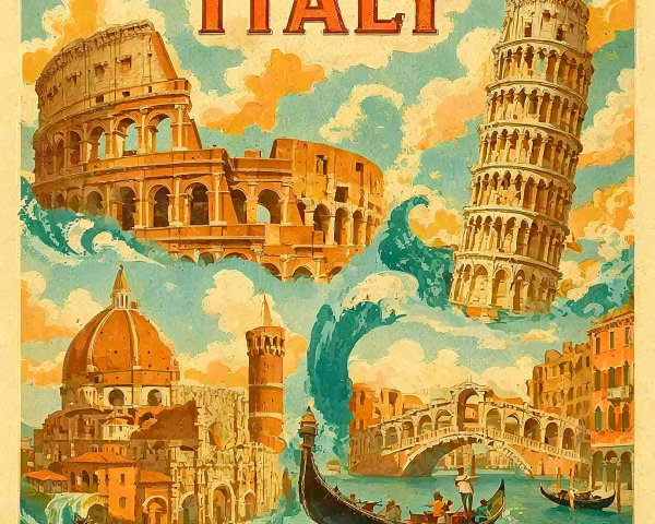 Vintage Style Depiction of Italy's Iconic Landmarks
