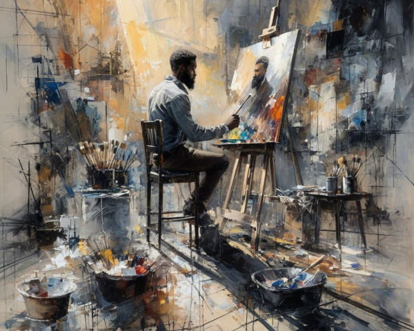 Artist Painting in Sunlit Studio with Colorful Surroundings