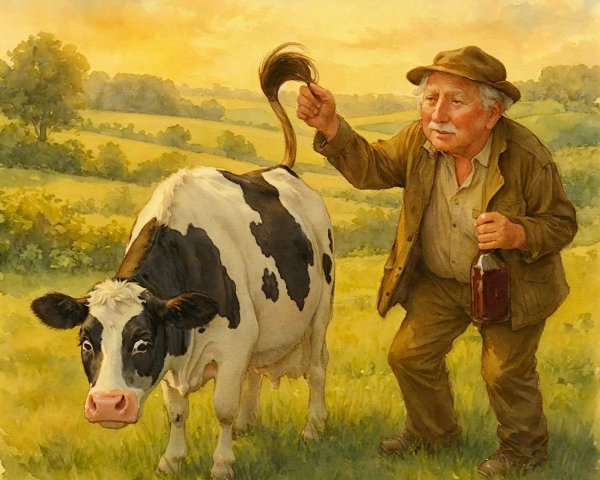Elderly Farmer with Cow in Lush Green Meadow