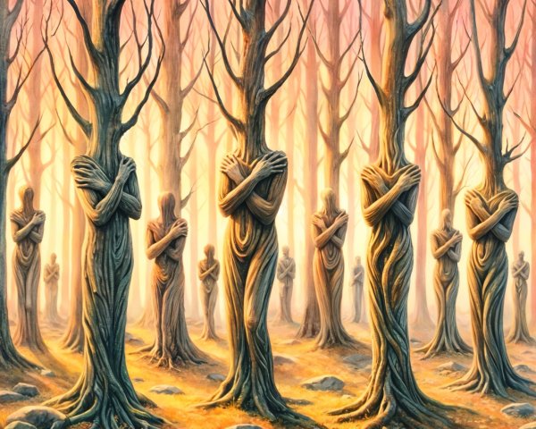 Mystical Forest with Embracing Tree Figures at Twilight