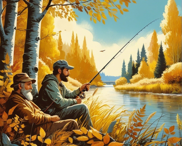 Serene River Scene with Autumn Foliage and Fishermen