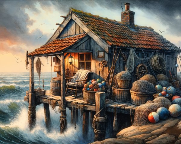 Weathered Fishing Shack on Stilts Over Waves