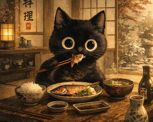Chubby Black Cat Enjoying Traditional Japanese Meal