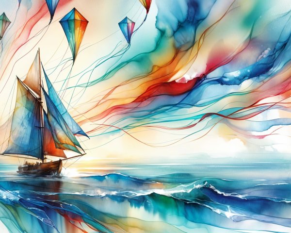 Vibrant Watercolor of Sailing Boat and Colorful Kites