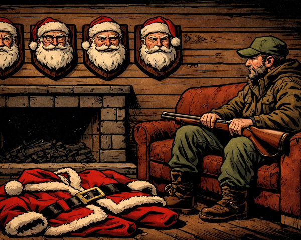 Rustic Cabin Interior with Trophy Santa Claus Heads