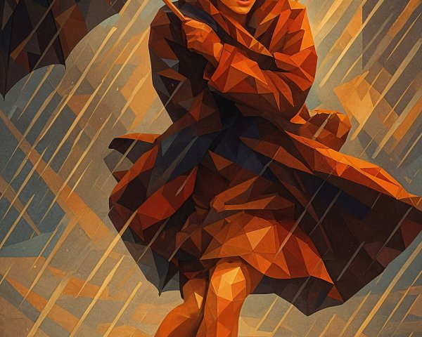 Geometric Illustration of Woman in Brown Coat and Umbrella