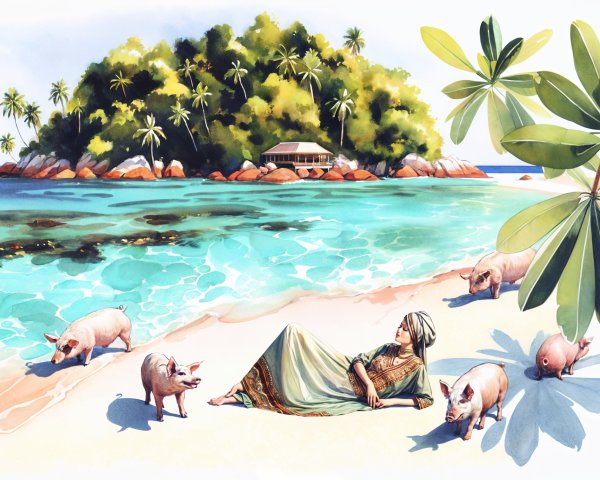 Serene Beach Scene with Island, Pigs, and Palm Trees