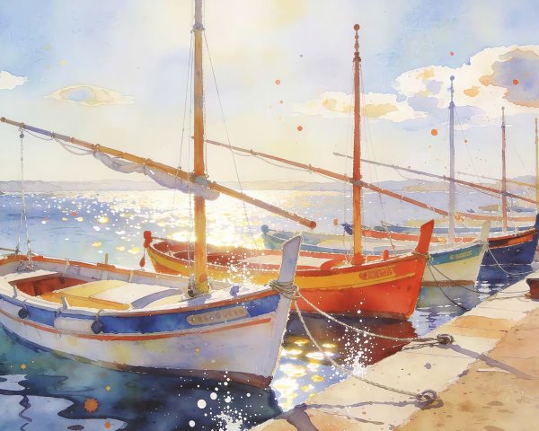 Colorful Sailboats Docked at a Concrete Pier in Watercolor