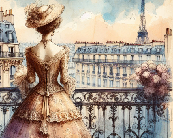 Woman in vintage dress on balcony with Eiffel Tower view