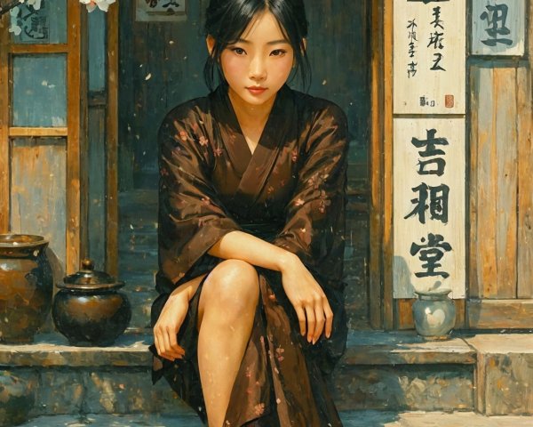 Young Woman in Dark Kimono Amid Cherry Blossoms