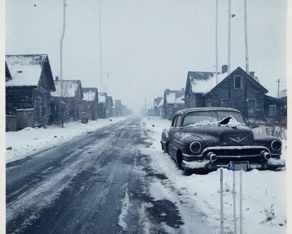 Desolate Snow-Covered Street with Abandoned Houses
