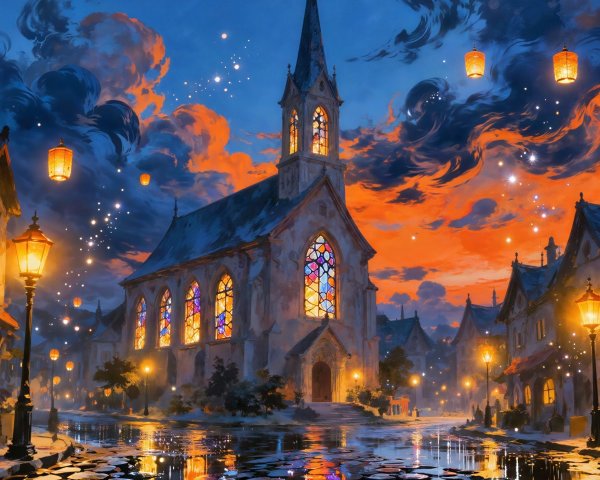 Oil Painting of a Nighttime Village Scene