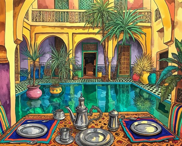 Vibrant Courtyard with Pool and Moroccan Decor