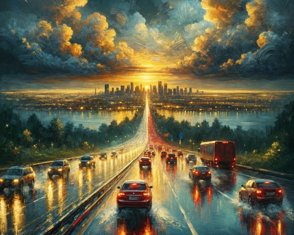 Urban Sunset Scene with Highway and City Skyline
