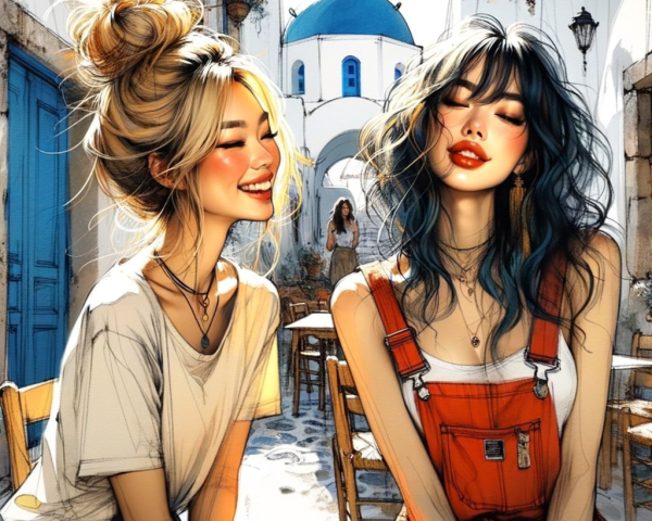 Joyful Moment in a Sunlit Mediterranean Street