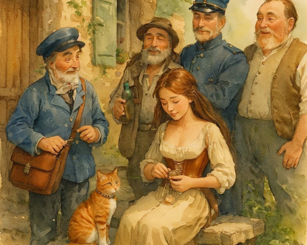 Village Scene with Woman, Men, and Playful Cat