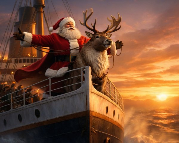 Santa Claus and Reindeer on Ship at Sunset
