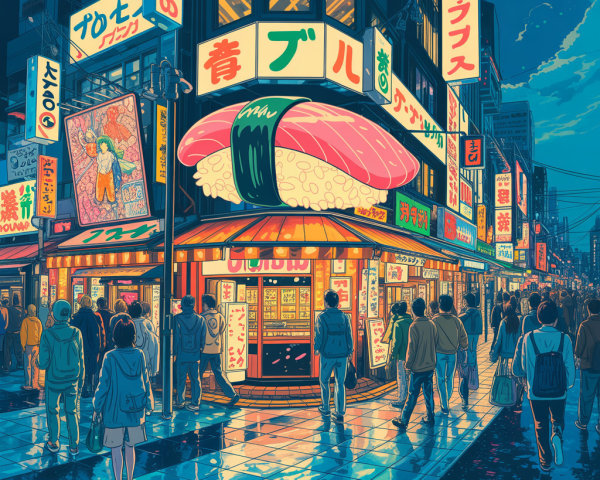 Vibrant Nighttime Cityscape with Neon Lights and Sushi Shop