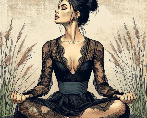 Poised Woman in Black Lace Dress Surrounded by Nature