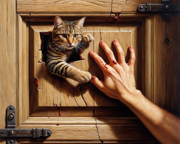 Wooden Door with Cat and Blood Smears Detail