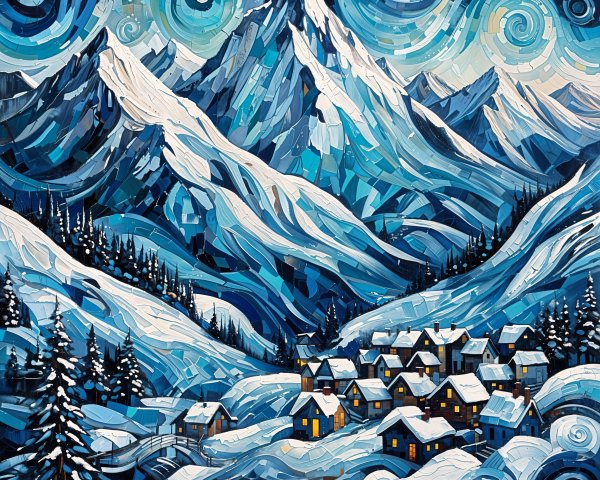 Abstract Winter Landscape with Mountains and Village