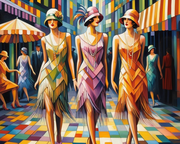 1920s Flapper Fashion in a Colorful Town Scene