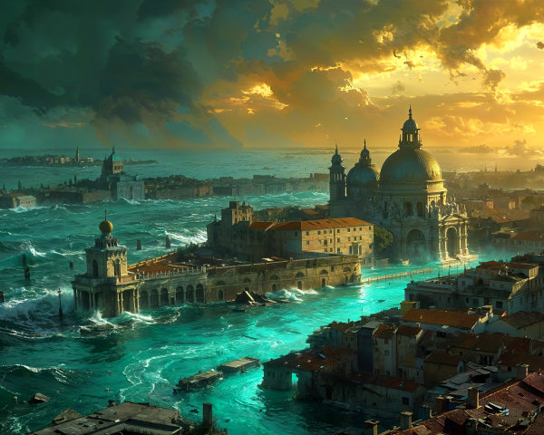 Aerial View of a Flooded Venetian Cityscape