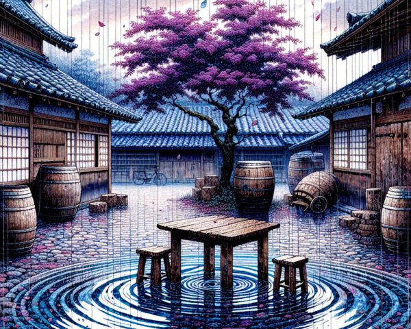 Serene Courtyard with Purple Tree and Rainy Atmosphere