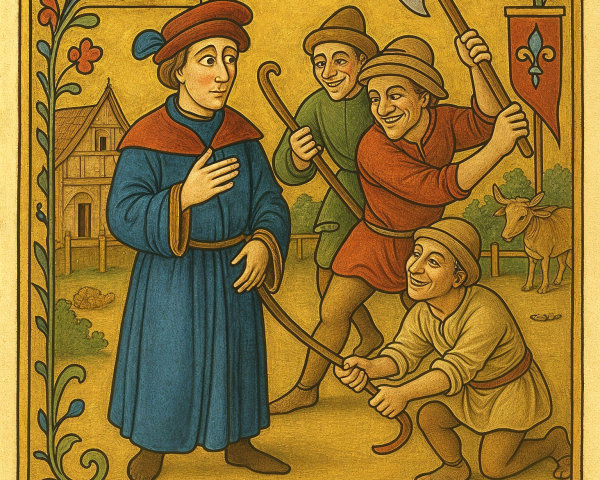 Medieval Scene with Workers and Farmhouse Background