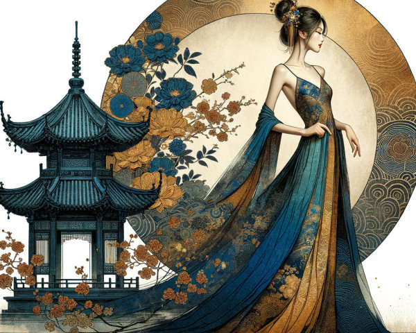 Elegant figure in floral gown by Asian pagoda