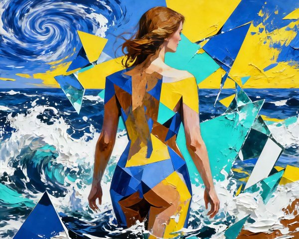 Abstract Nude Woman in Colorful Ocean Scene
