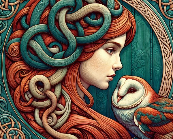 Woman's Profile with Intricate Hair and Barn Owl