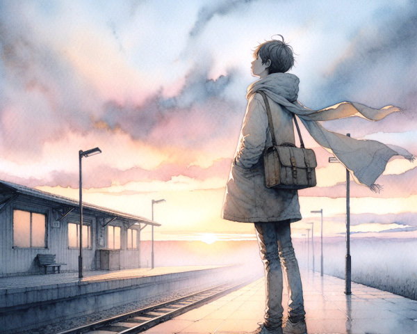 Solitary Figure on Train Platform at Sunset