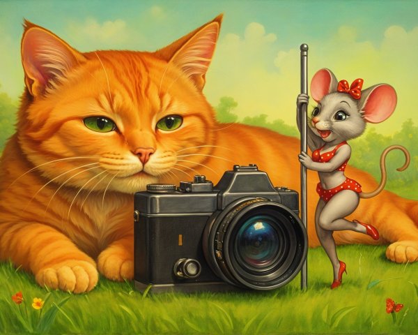 Fluffy Orange Cat and Gray Mouse in Playful Scene