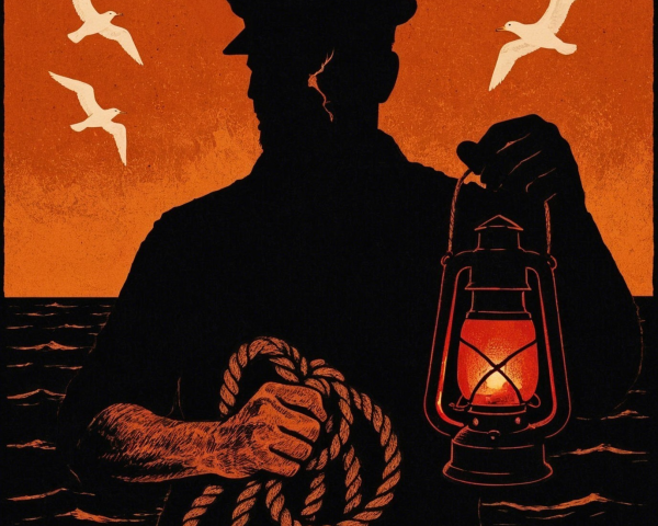 Silhouette of a Fisherman with Lantern at Sea