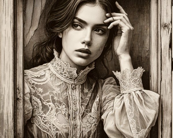 Young woman in vintage attire behind ornate window frame