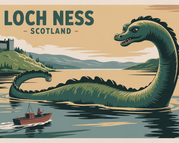 Vintage Travel Poster of Loch Ness with Monster and Castle