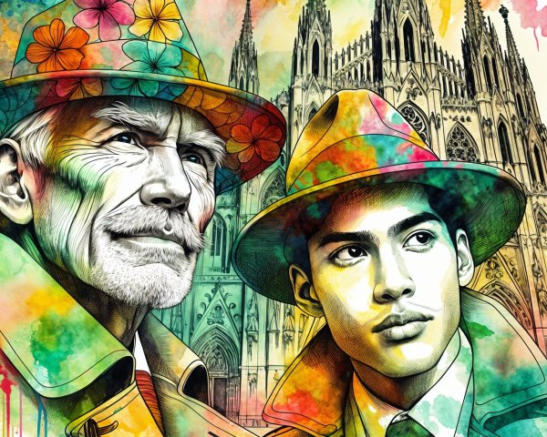 Colorful Portrait of Two Men with Gothic Cathedral