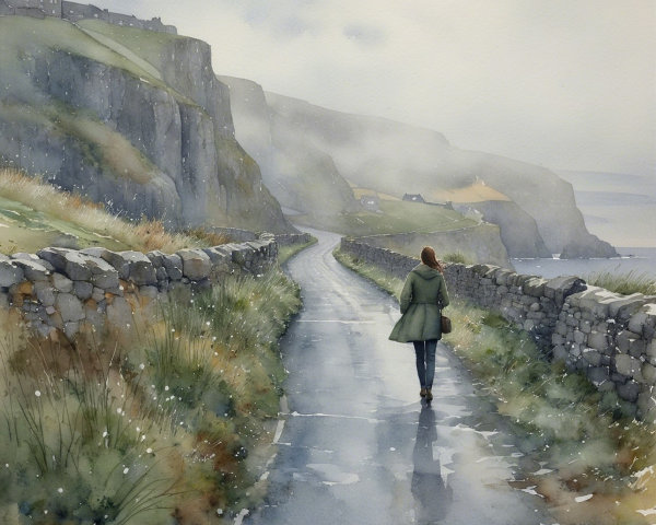 Misty Landscape with Winding Path and Cliffs