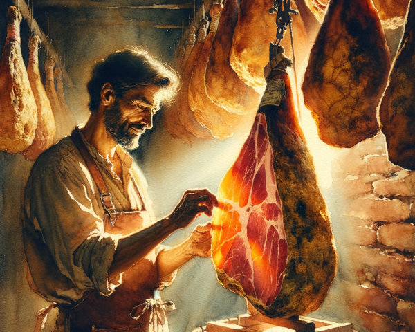 Artisan Inspects Jamón in Rustic Curing Chamber