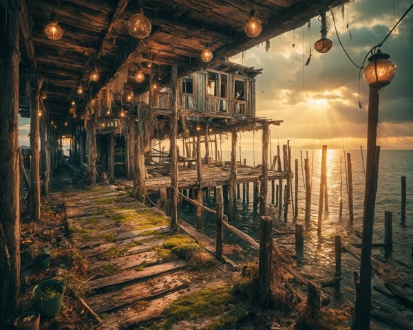 Weathered wooden pier at sunset with vintage lanterns
