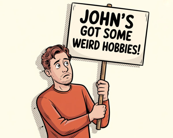 Cartoon Illustration of Young Man with Sign About Hobbies