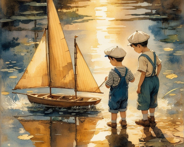 Boys in Vintage Attire by a Serene Sunset Lake