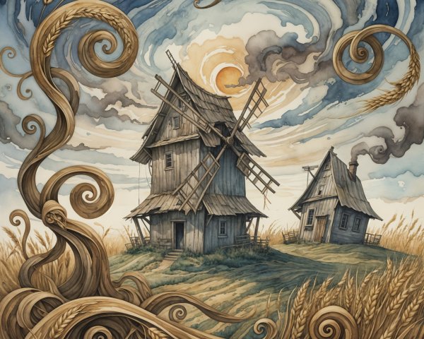 Whimsical landscape with windmills and golden wheat