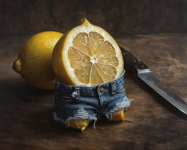 Lemons in Denim Shorts on Dark Wooden Surface