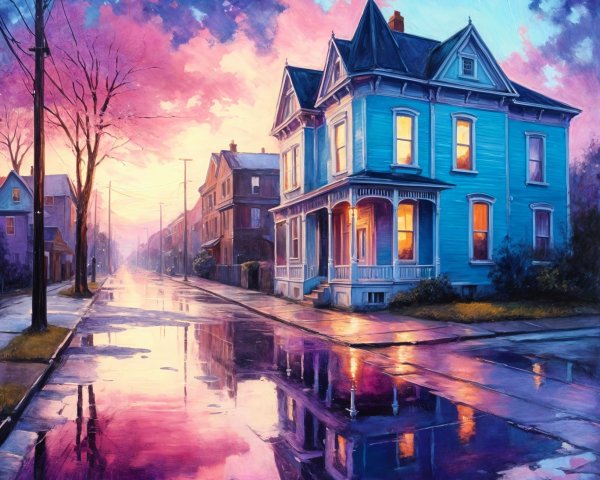 Blue Victorian House at Twilight with Sunset Reflections