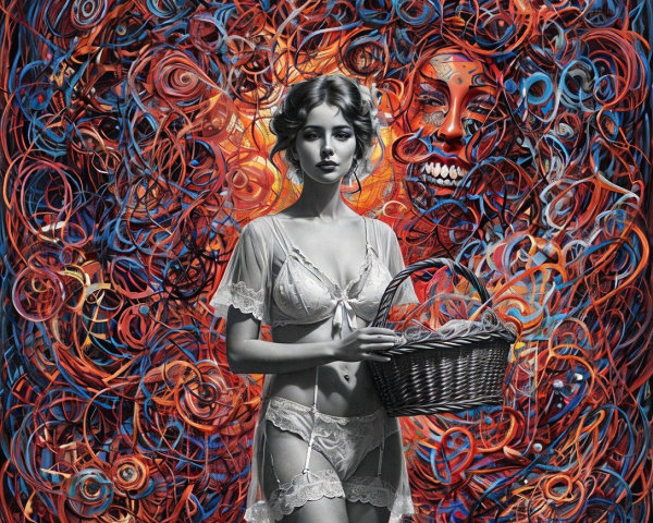 Woman in Lingerie Against Abstract Colorful Background