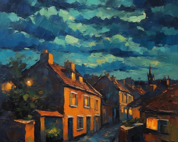 Vibrant Oil Painting of a Serene Village Night Scene