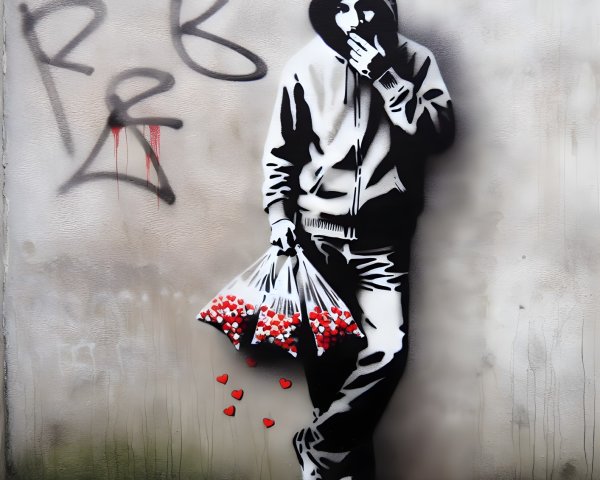 Street Art Mural of Figure with Heart-Shaped Items